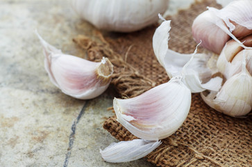Garlic on sackcloth.