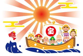 戌年　ご来光　七福神の宝船　テンプレート