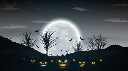 Fototapeta premium Halloween night background with pumpkin, naked trees, bat and full moon on dark background.