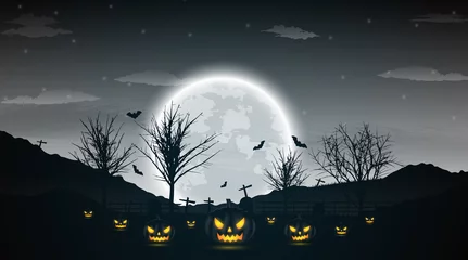 Tuinposter Halloween night background with pumpkin, naked trees, bat and full moon on dark background. © goku4501