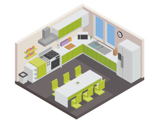 Modern Isometric Luxury House Kitchen Interior Design Illustration