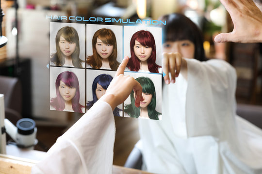 Hair color simulation system concept. Technological scene of hair salon. Smart mirror display.