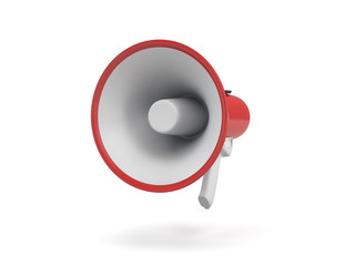 3d rendering of a single red and white megaphone in side view on white background.