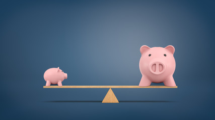 3d rendering of a small piggy bank in side view stands on a wooden seesaw balanced with a large piggy bank in front view.