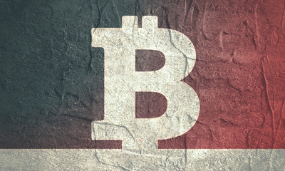 Bitcoin sign icon for internet money. Crypto currency symbol. Blockchain based secure cryptocurrency. Grunge distress texture.