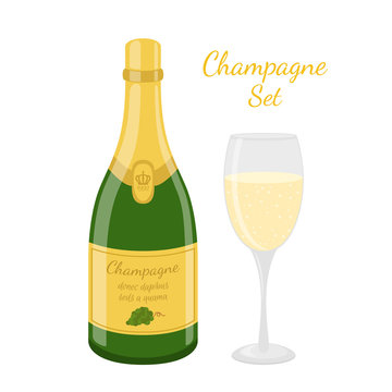 Champagne bottle, wine glass. Cartoon flat style. Vector illustration