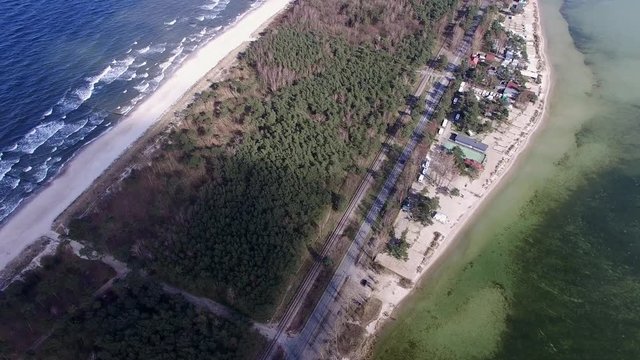 Aerial of Cars Riding On A Seaside, Hel Peninsula Poland