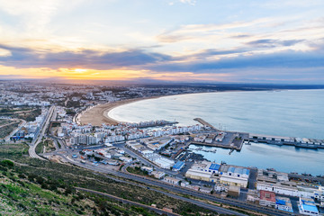 Beach in Agadir city at sunrise, Morocco