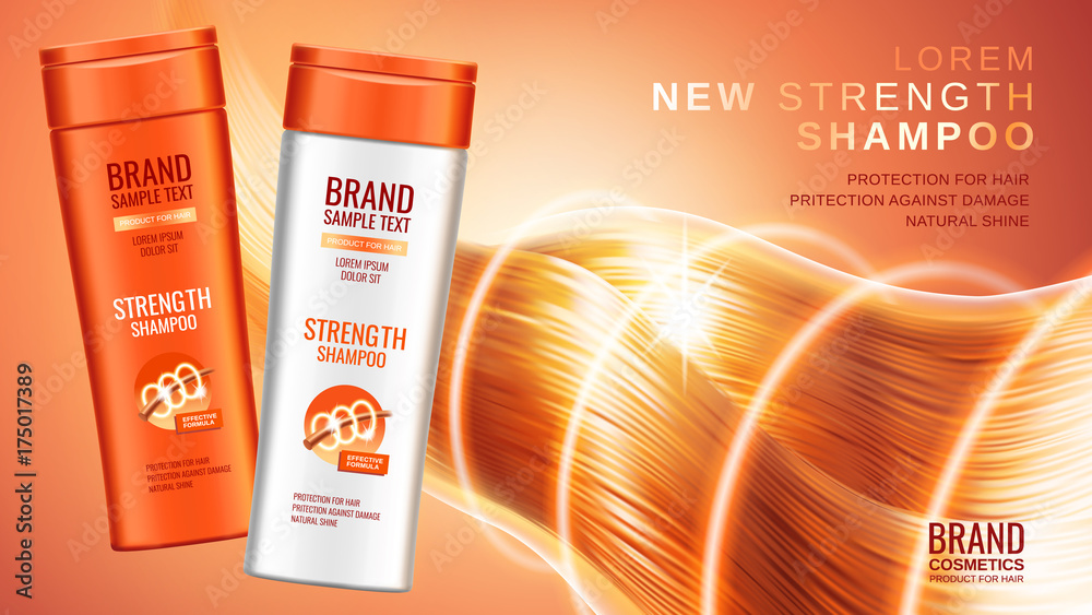 Wall mural Shampoo premium ads, realistic cosmetic bottles of shampoo with different packaging designs, the effects of protection and shine and radiance of hair on a bright orange background, 3d illustration