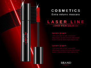 Curling mascara ads, cosmetic template in 3d illustration with brush strokes on a black background with a laser effect