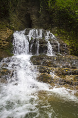 Naklejka premium Beautiful small waterfall in wild overgrown places.