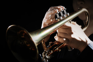 Trumpet instrument. Music player trumpeter jazz playing