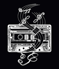 Audio cassette and music notes tattoo and t-shirt design. Symbol of retro music, nostalgia, 80th and 90th. Old audio cassette and music notes, symbol of pop music, disco t-shirt design