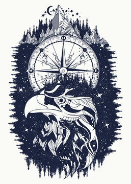 Compass and eagle tattoo and t-shirt design. Ethnic hawk tribal style. Astrological symbols, ethnic style, falcon in rocks tattoo. Eagle creative t-shirt design, spirituality, boho, magic symbol