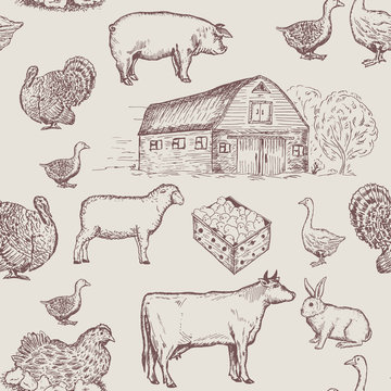 Farm animals seamless pattern, cows, geese, chickens. Farm market pattern
