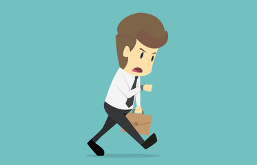 Businessman with the briefcase, running late, stressed and looking at his watch.Cartoon of business fail is the concept of the man characters business, the mood of people. vector illustration