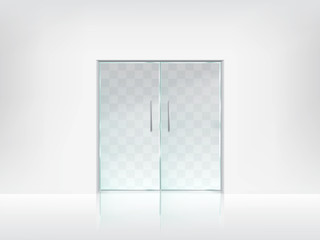 Transparent double glass doors with handles on white wall and glossy floor realistic blank vector template. Office entrance, boutique facade, shop or store porch mockup. Modern interior design element