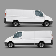 Blank white cargo minibus realistic vector template right, left side view. Commercial transport for small and middle business, delivery van, postal service car ready for brand, corporate mockup design