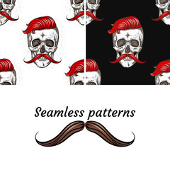 Fashionable skull with mustache. Seamless pattern.