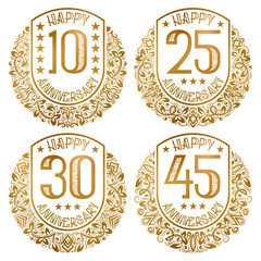 Happy anniversary emblems set. Vintage golden stamps for festive greetings and invitations.
