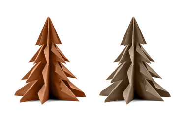 Origami Christmas tree paper isolated on white background. For decoration, Merry Christmas or Happy New Year postcard. Red brown and grey brown color. Front view. Close up.