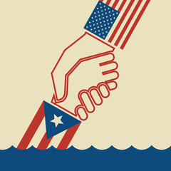 Illustration urging hurricane relief for Puerto Rico. American hand pulling up 
Puerto Rican hand. Concept of helping or saving victims. 