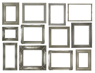collection of silver vintage picture and photo frame isolated on white background