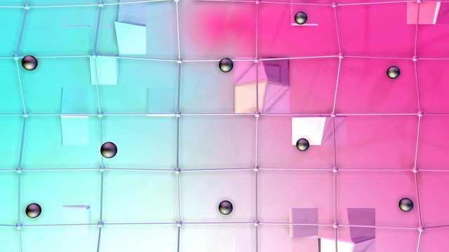 Low poly 3D surface with flying grid or mesh and black spheres as crystal mesh. Soft geometric low poly background of pure blue pink red polygons. 4K Fullhd seamless loop background