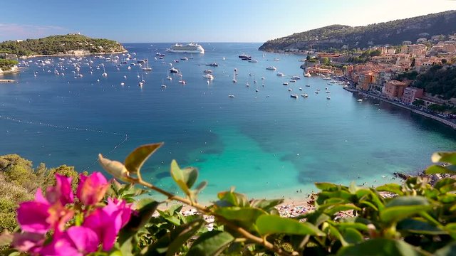 1080P Video clip of boats and cruise ship in the Bay of Villefranche Sur Mer in the Alpes Maritimes department in the Provence Alpes C&ocirc;te d'Azur region on the French Riviera