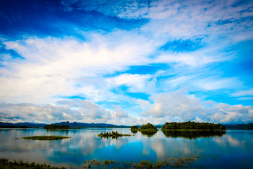 Before raining blue sky river lake mountain Kanchanaburi Thailand