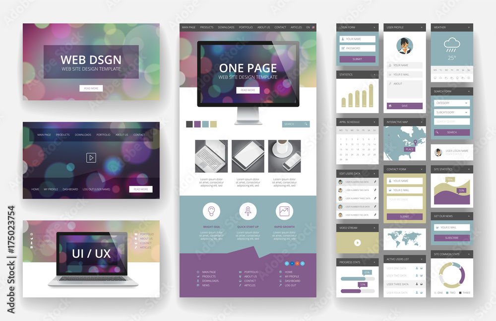 Wall mural website design template and interface elements