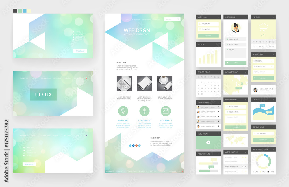 Wall mural website design template and interface elements