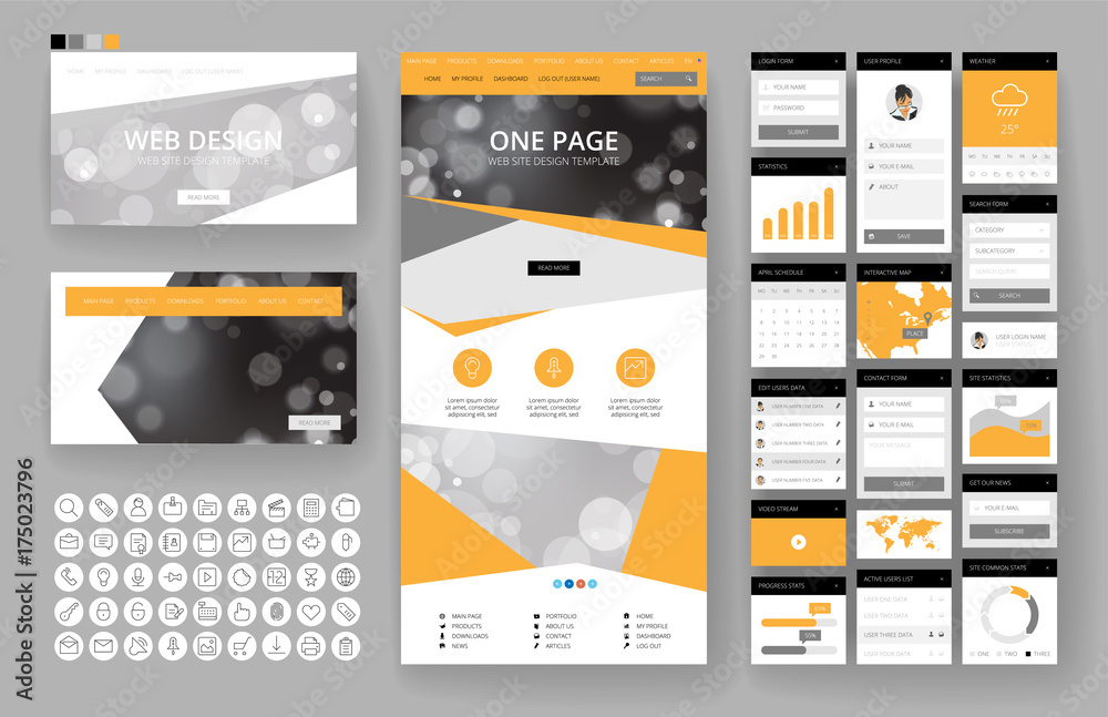 Poster website design template and interface elements