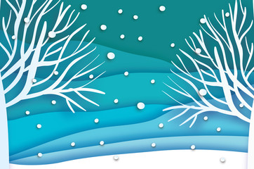 Fototapeta na wymiar Paper cut landscape and forest. Merry Christmas Greeting card. Origami snowy winter season. Happy New Year. Trunk. Paper art style. Blue background. Vector