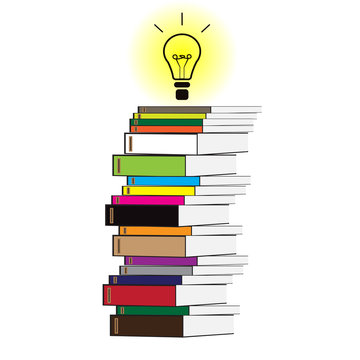 Stack of books with a bulb on a white background.