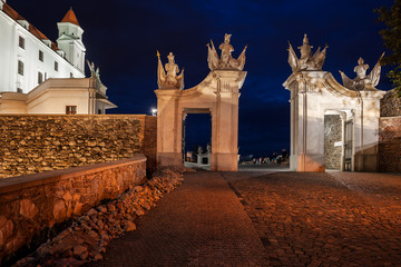 Gate to Bratislava Castle at Night in Slovakia