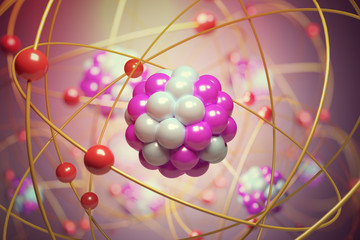 Elementary particles in atom. Physics concept. 3D rendered illustration.