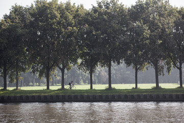 Fototapeta premium man on bicycle rides along amsterdam rijn kanaal in the netherlands
