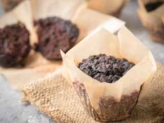 Gluten-free vegan chocolate muffins with beetroot, almond powder, buckwheat flour and karob or...