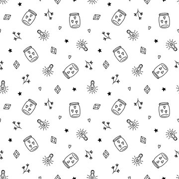 Hand drawn minimalistic black and white pattern, cute pop fashion elements