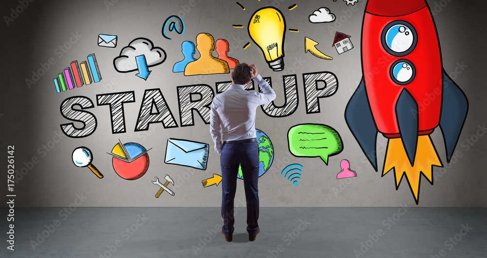 Poster businessman watching startup sketch on a wall 3d rendering
