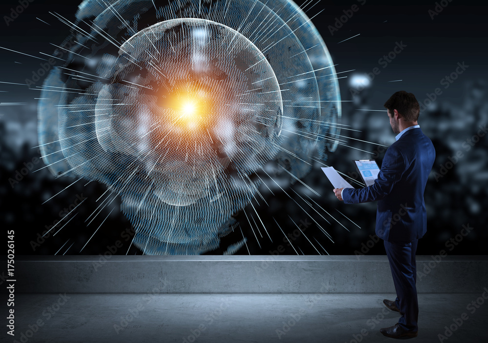 Poster businessman watching digital planet earth interface on a rooftop 3d rendering