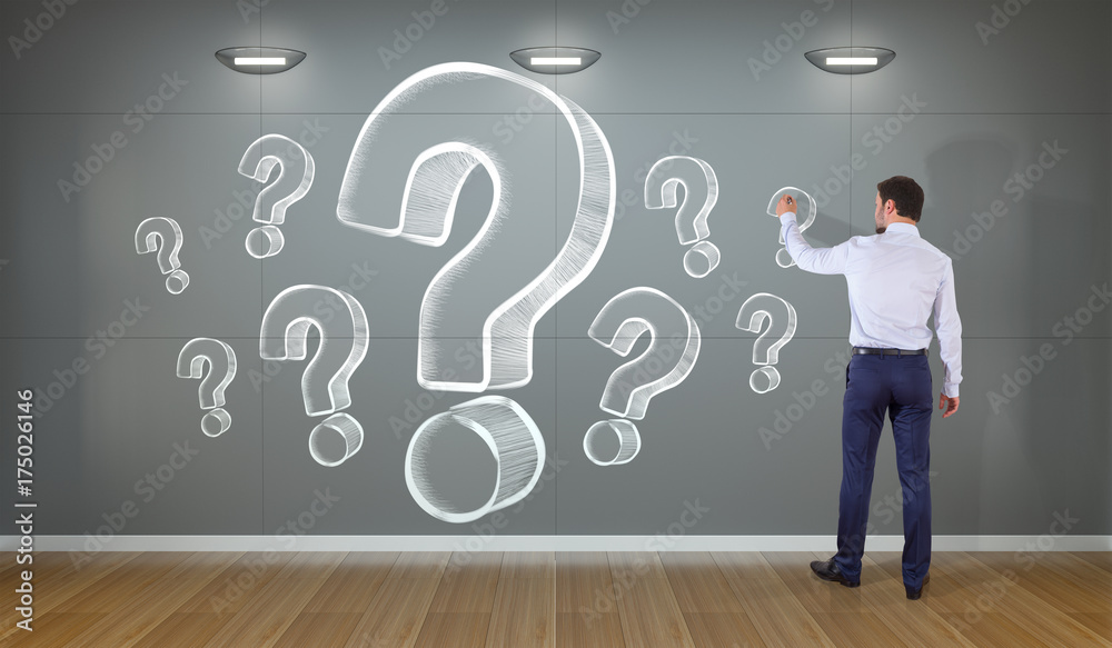 Aufkleber businessman drawing question marks sketch on a wall 3d rendering