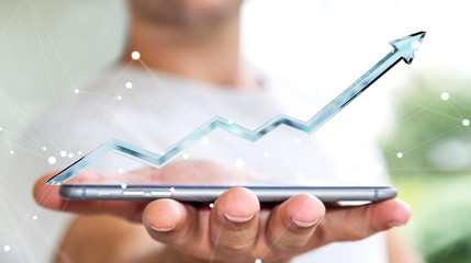 Businessman holding digital blue arrow 3D rendering