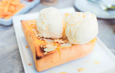 Dessert honey toast with ice cream after lunch ,sweet and relax concept.
