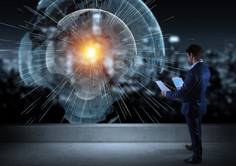 Businessman watching digital planet earth interface on a rooftop 3D rendering