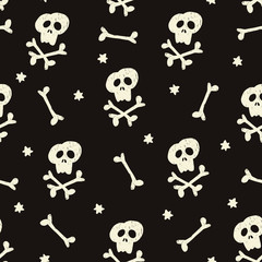 Halloween seamless pattern with human skulls, crossbones and stars. Black pirate design. Vector illustration background.