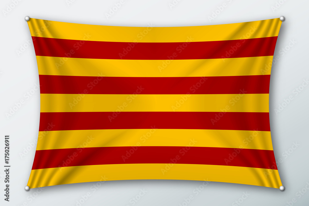 Poster flag of catalonia. region of spain. symbol of the country on a stretched fabric with waves attached 