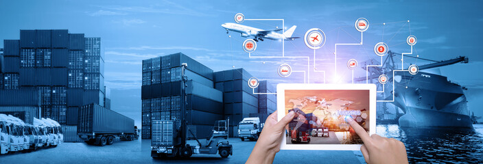 Hand holding tablet is pressing button on touch screen interface in front Logistics Industrial Container Cargo freight ship for Concept of fast or instant shipping, Online goods orders worldwide