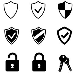 Black web security shield vector icons pack